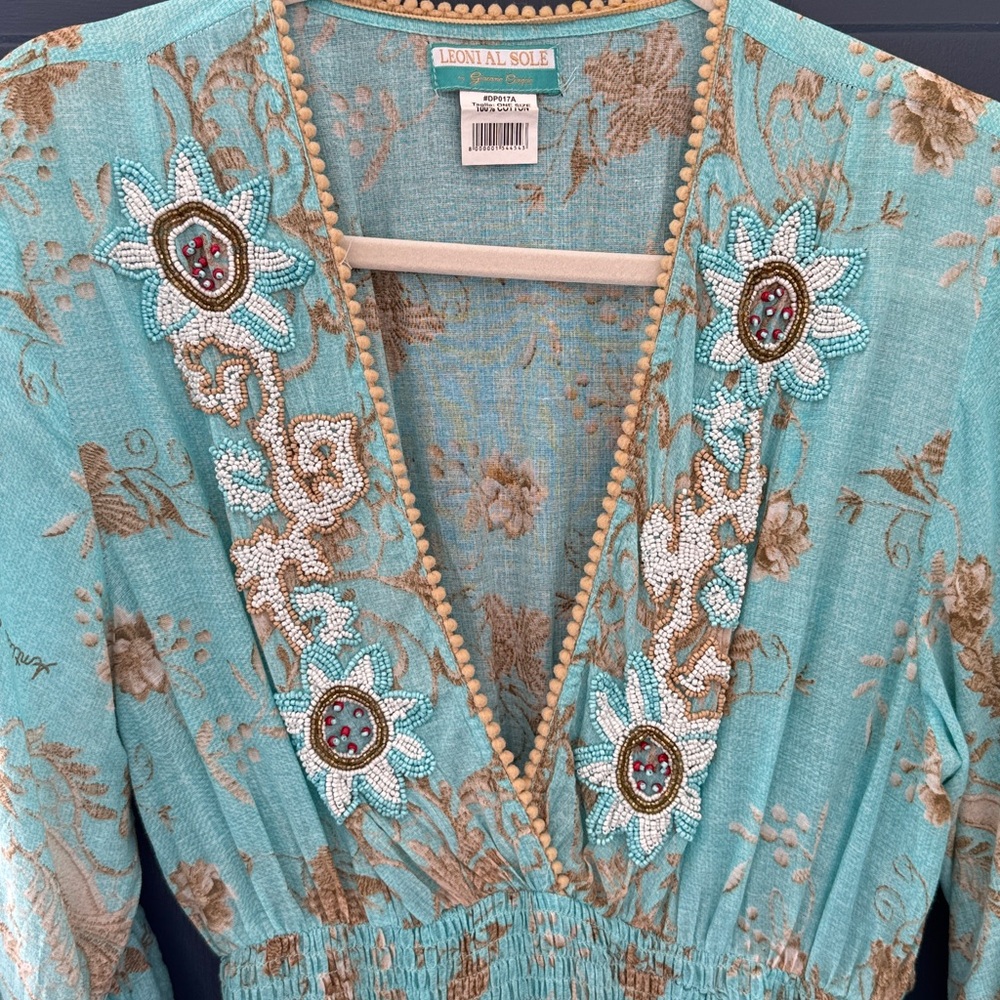 Bohemian Leoni Al Sole by Giacono Cirque Turquoise Beaded Maxi Dress w/ Pom Poms - Picture 4 of 14